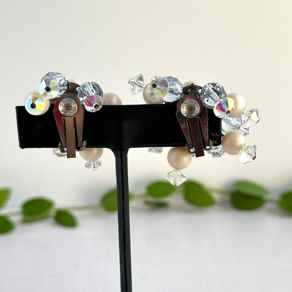 Vintage Blue & Ivory Cha Cha Cluster Clip-On Earrings with AB Faceted Beads - Picture 7 of 7